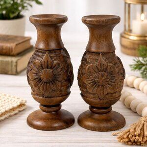 Vintage Hand-Carved Wooden Candle Holders Floral Design 6 Inches Tall Rustic Dec